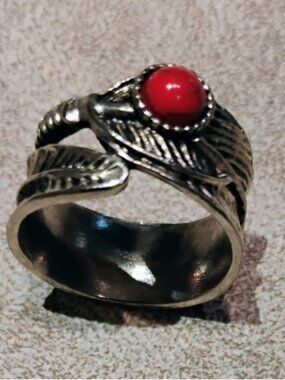 Native American Boho Red Coral Stone With Silver Feather